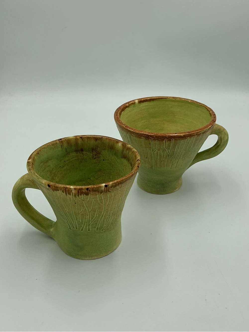 Handmade Handcrafted Studio Pottery Mugs Green Glazed Set Of 2